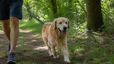 Hond wandelt veilig op natuurlijke ondergrond in het bos tijdens een warme dag