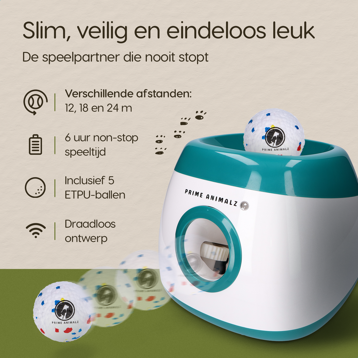 Belangrijkste functies van de Prime AnimalZ automatische ballenwerper L10MAX groen
