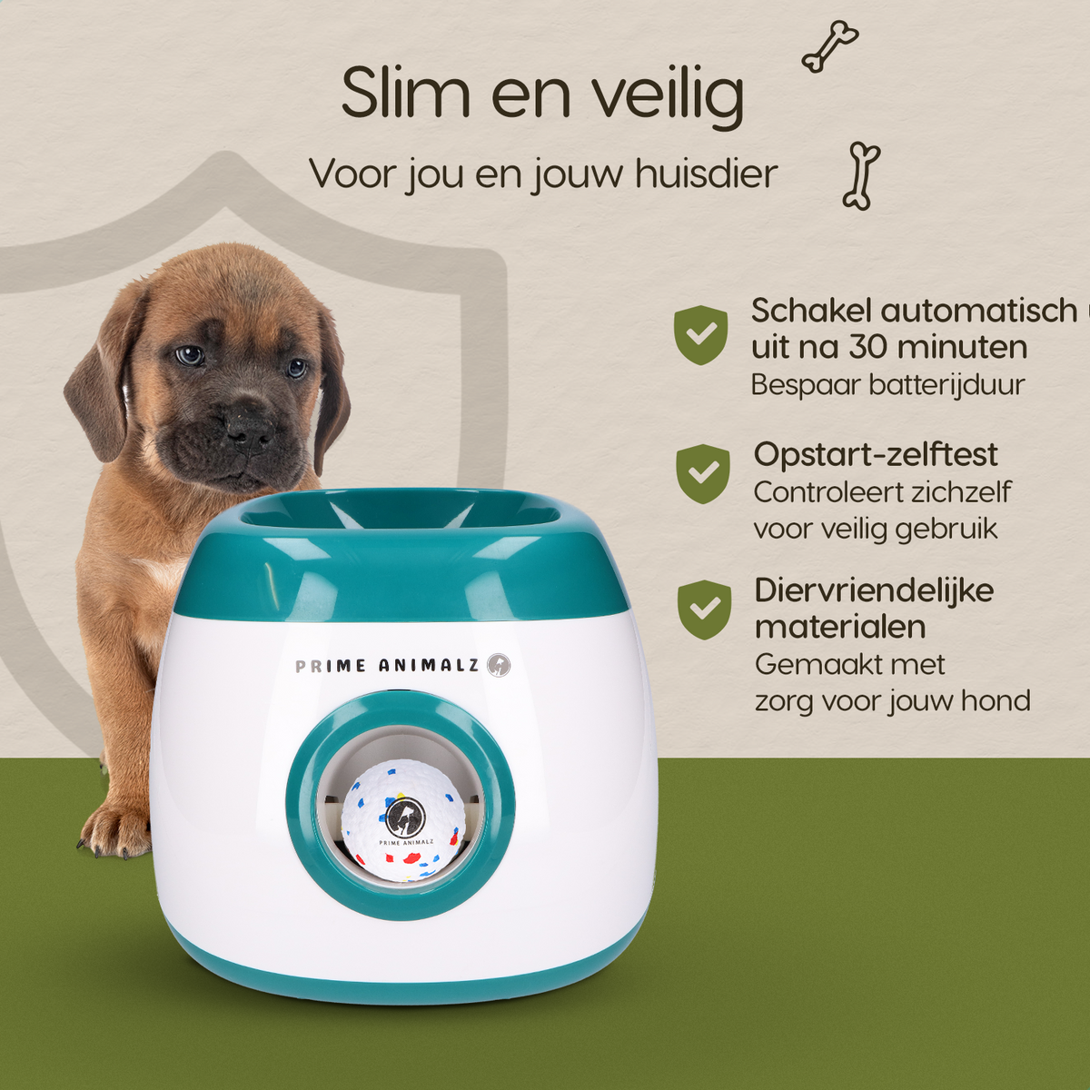 Slim en veilig ontwerp van de Prime AnimalZ automatische ballenwerper L10MAX groen