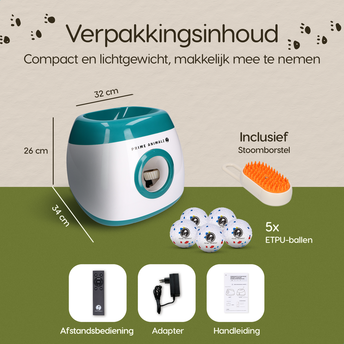 Verpakkingsinhoud van de Prime AnimalZ automatische ballenwerper L10MAX groen
