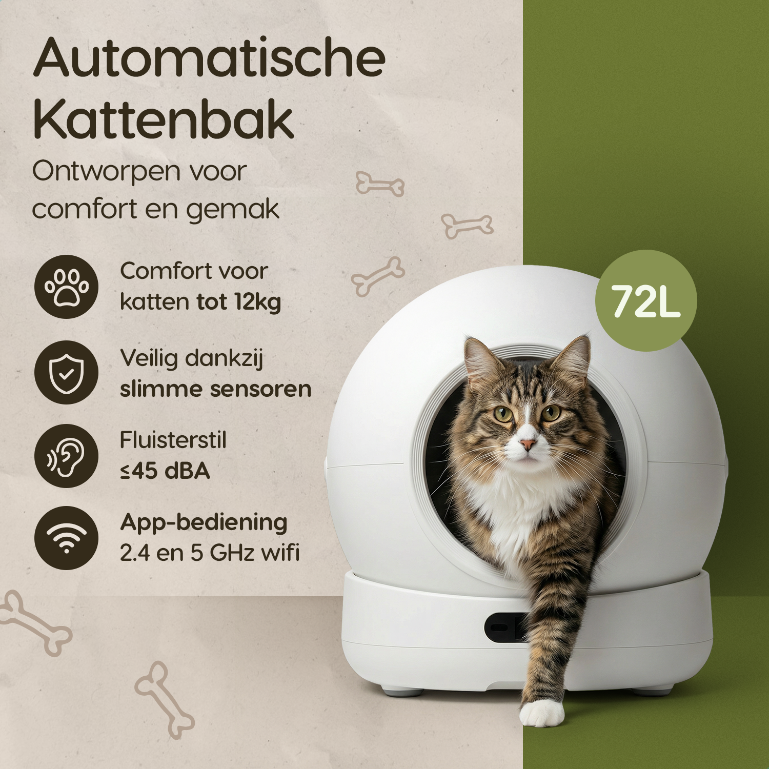 Prime AnimalZ automatische kattenbak XXL 72L met slimme sensoren, app bediening en fluisterstille werking