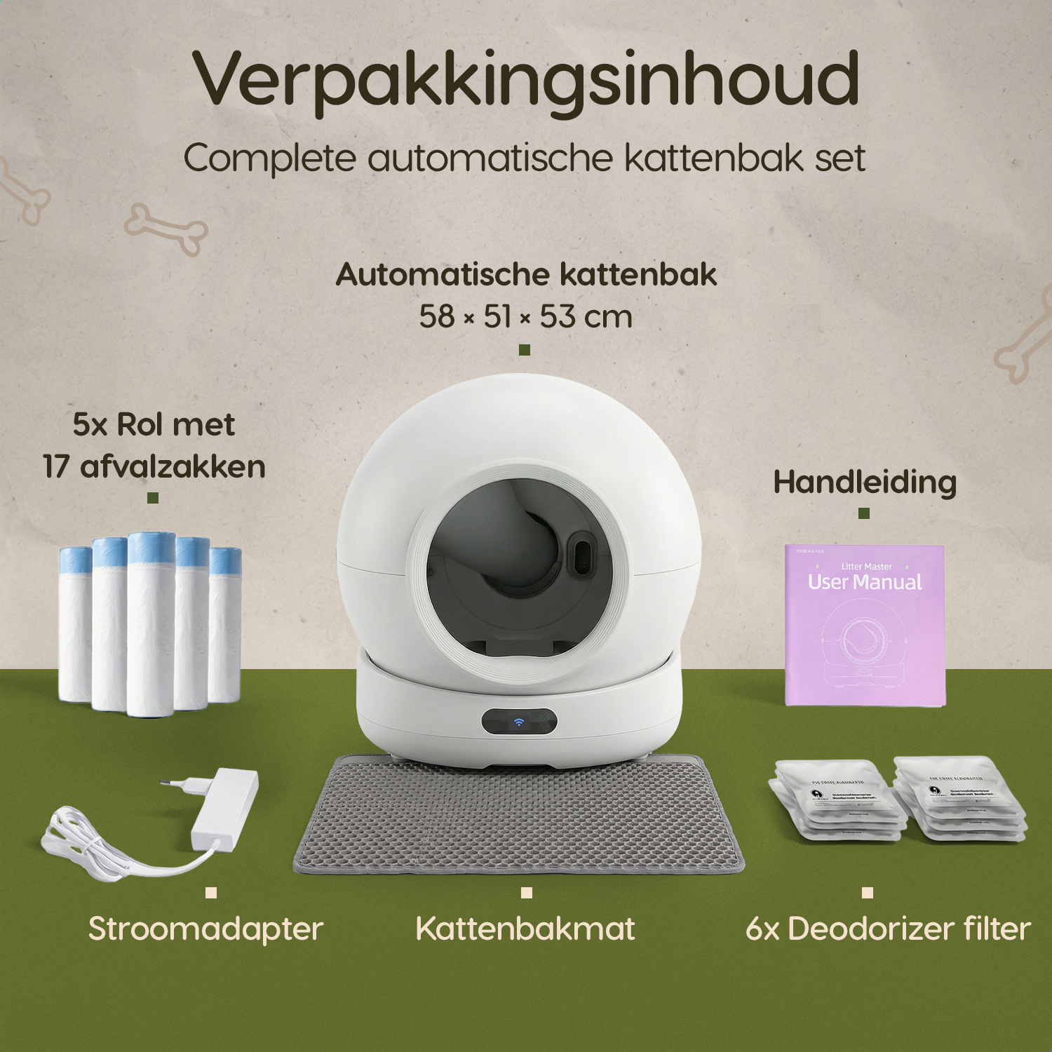 Inhoud verpakking Prime AnimalZ automatische kattenbak XXL met accessoires