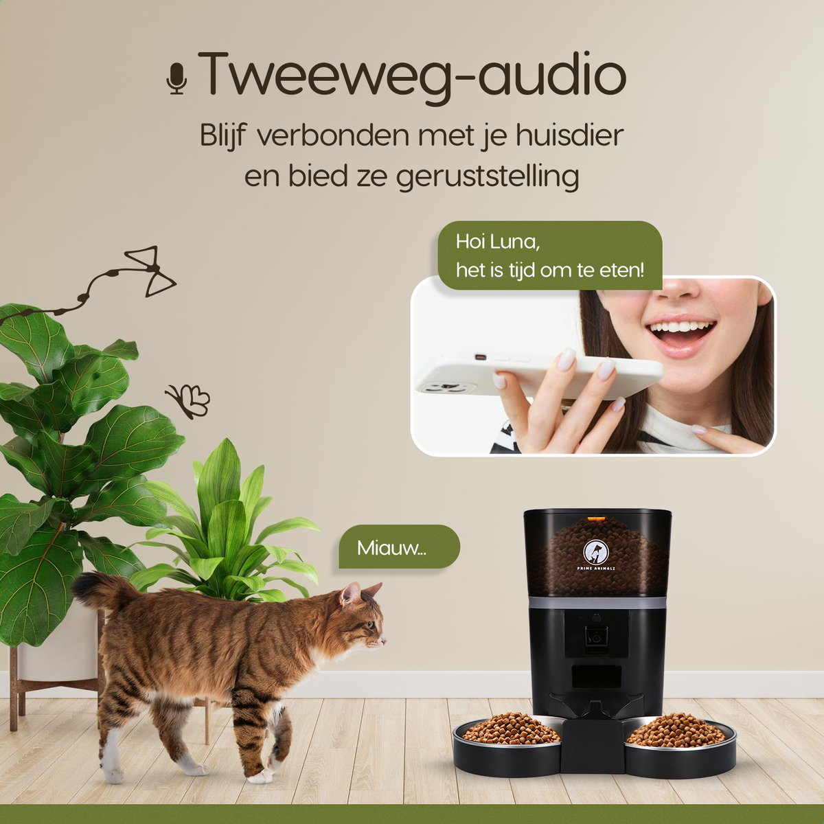 Prime AnimalZ automatische voerbak 4 liter dubbel F400DCA zwart met tweeweg audio communicatie