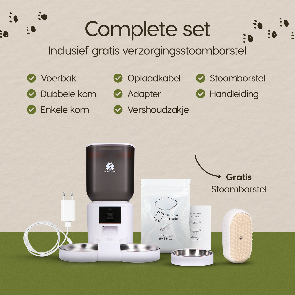 Inhoud van de verpakking van de Prime AnimalZ automatische voerbak premium 7 liter dubbel F700ECA wit inclusief stoomborstel