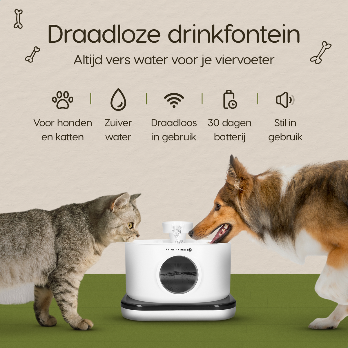 Belangrijkste voordelen van de Prime AnimalZ drinkfontein D600A wit, fluisterstil, draadloos en met stromend water