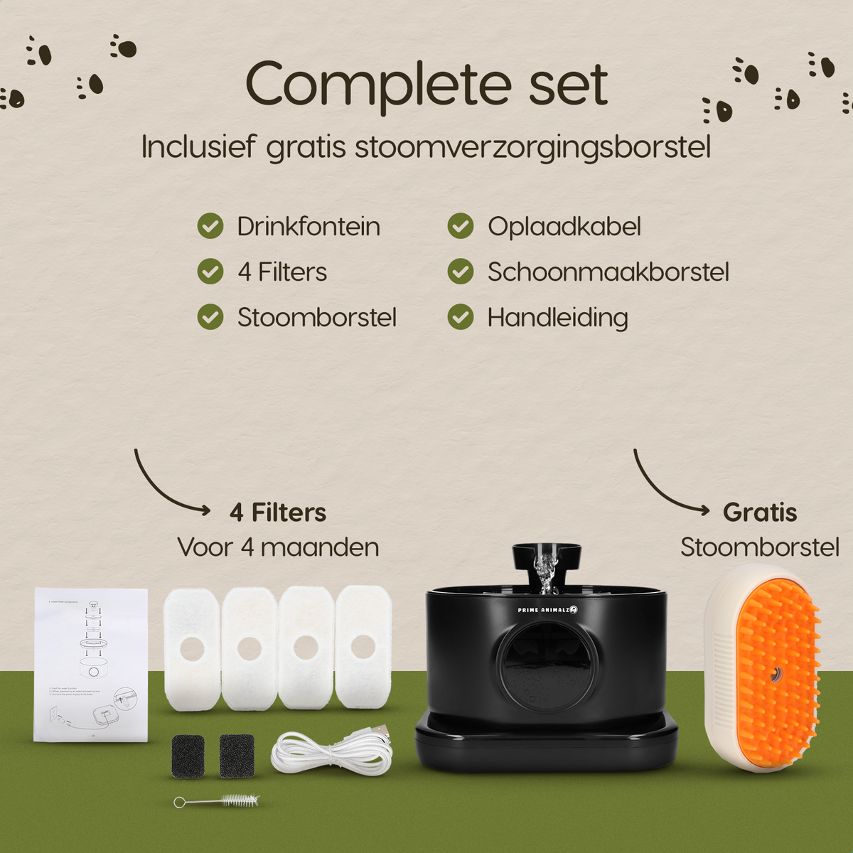 Verpakkingsinhoud van de Prime AnimalZ drinkfontein D600A zwart met meegeleverde accessoires
