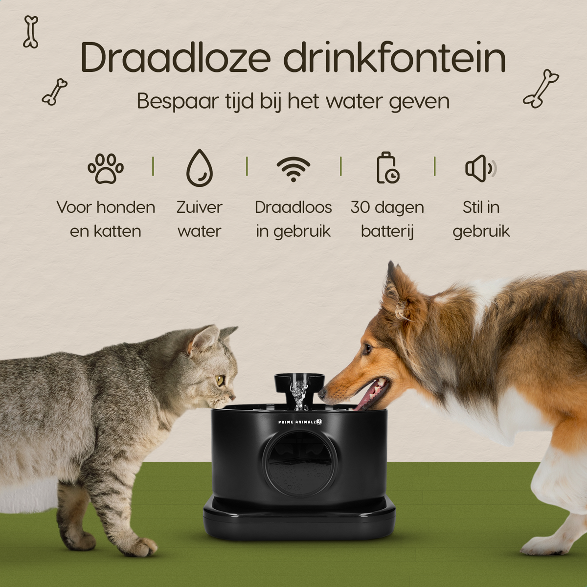 Belangrijkste voordelen van de Prime AnimalZ drinkfontein D600A zwart, fluisterstil, draadloos en met stromend water
