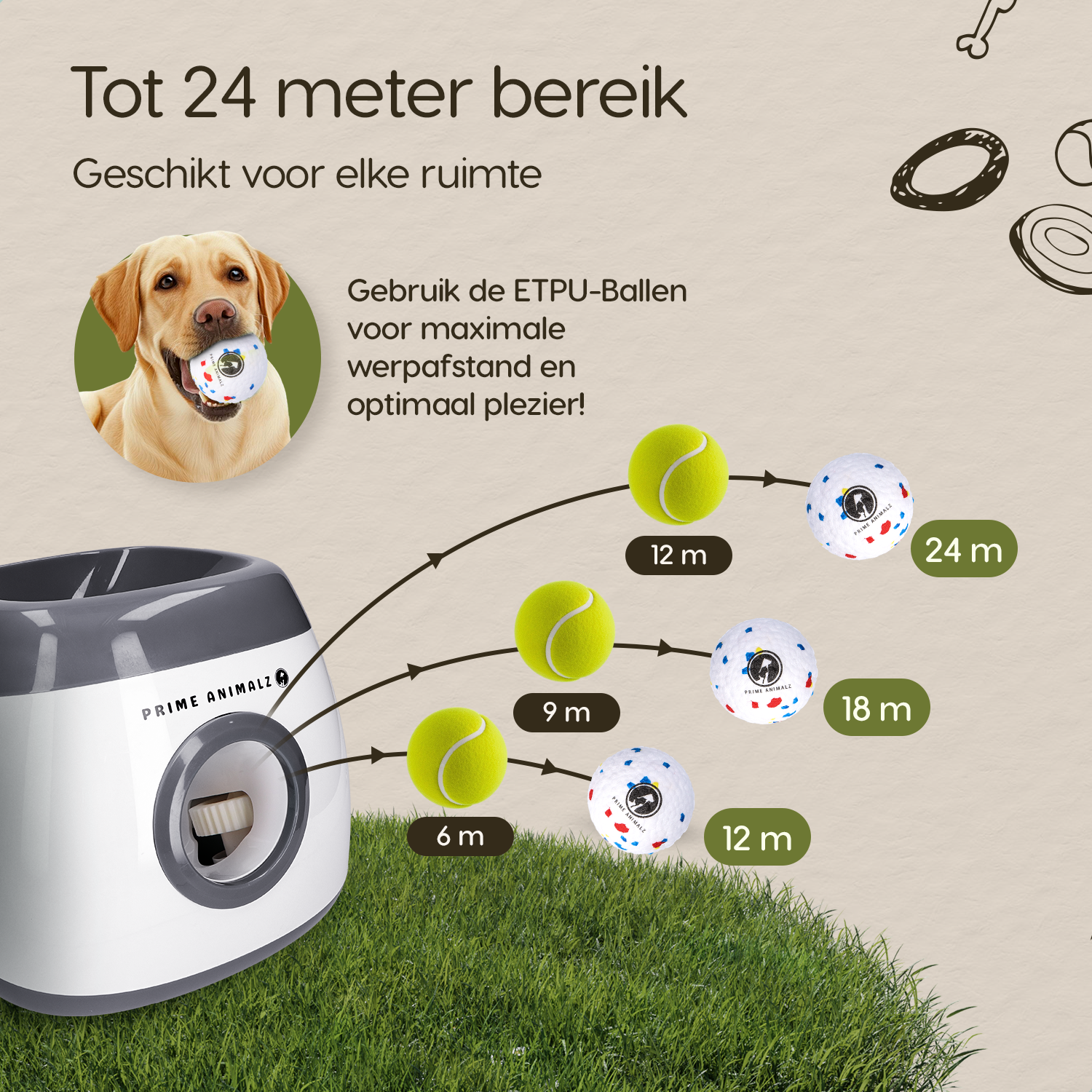 Instelbare werpafstanden van de Prime AnimalZ automatische ballenwerper L10MAX grijs