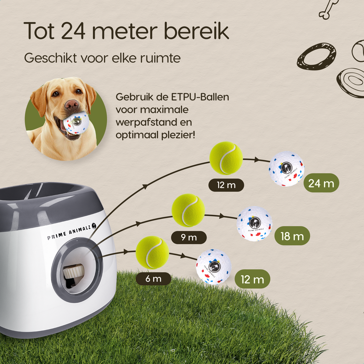 Instelbare werpafstanden van de Prime AnimalZ automatische ballenwerper L10MAX grijs