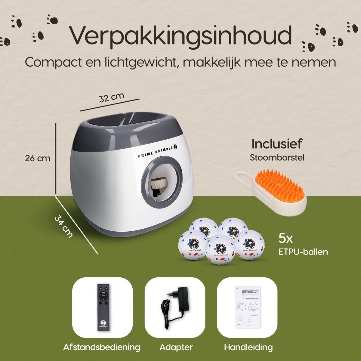 Verpakkingsinhoud van de Prime AnimalZ automatische ballenwerper L10MAX grijs