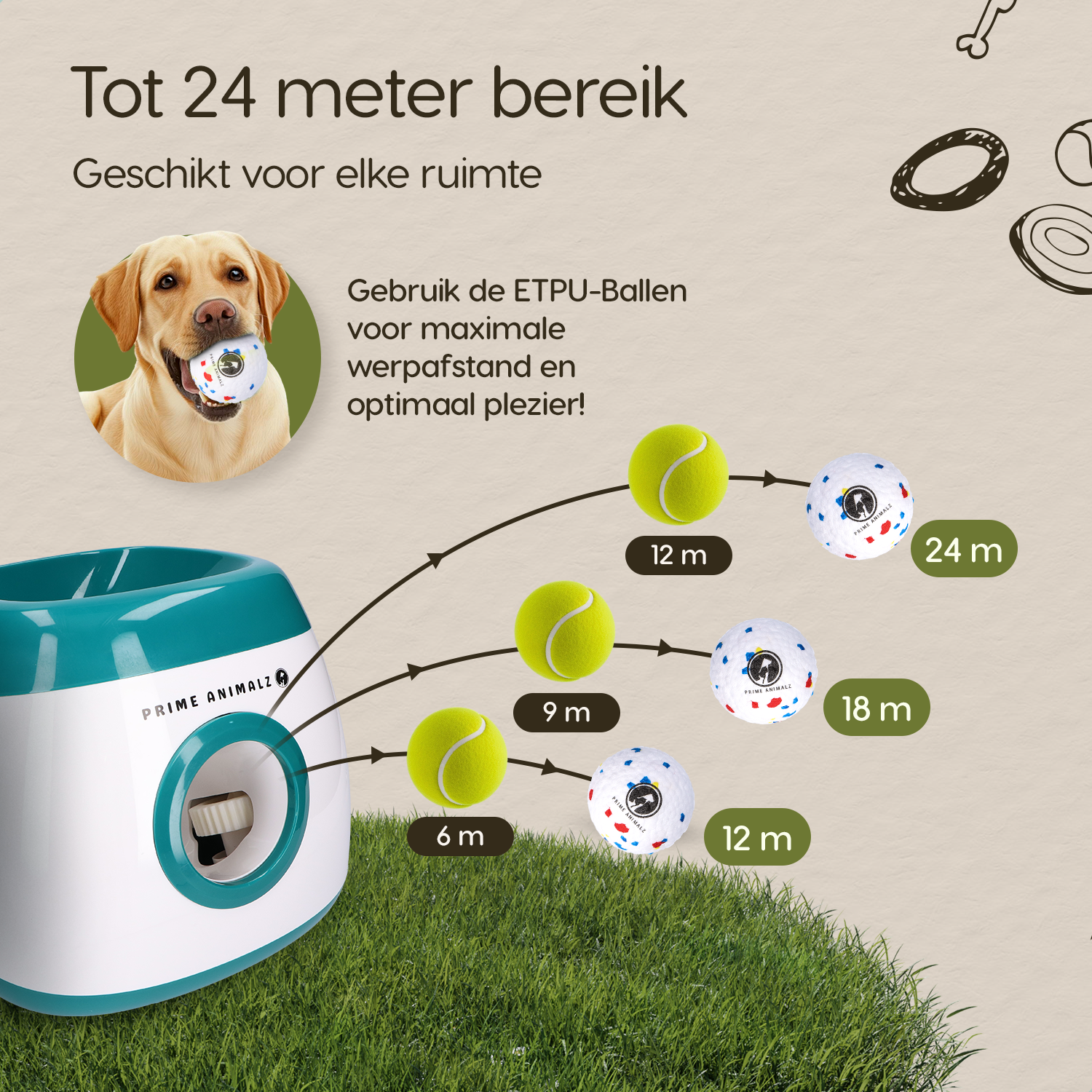 Instelbare werpafstanden van de Prime AnimalZ automatische ballenwerper L10MAX groen