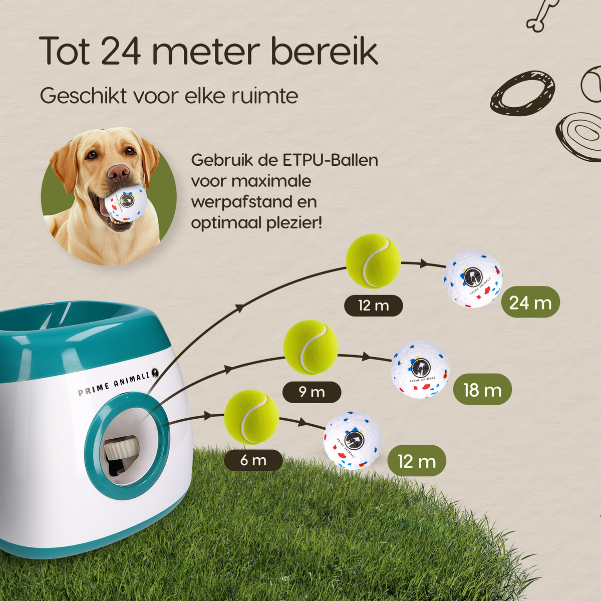 Instelbare werpafstanden van de Prime AnimalZ automatische ballenwerper L10MAX groen