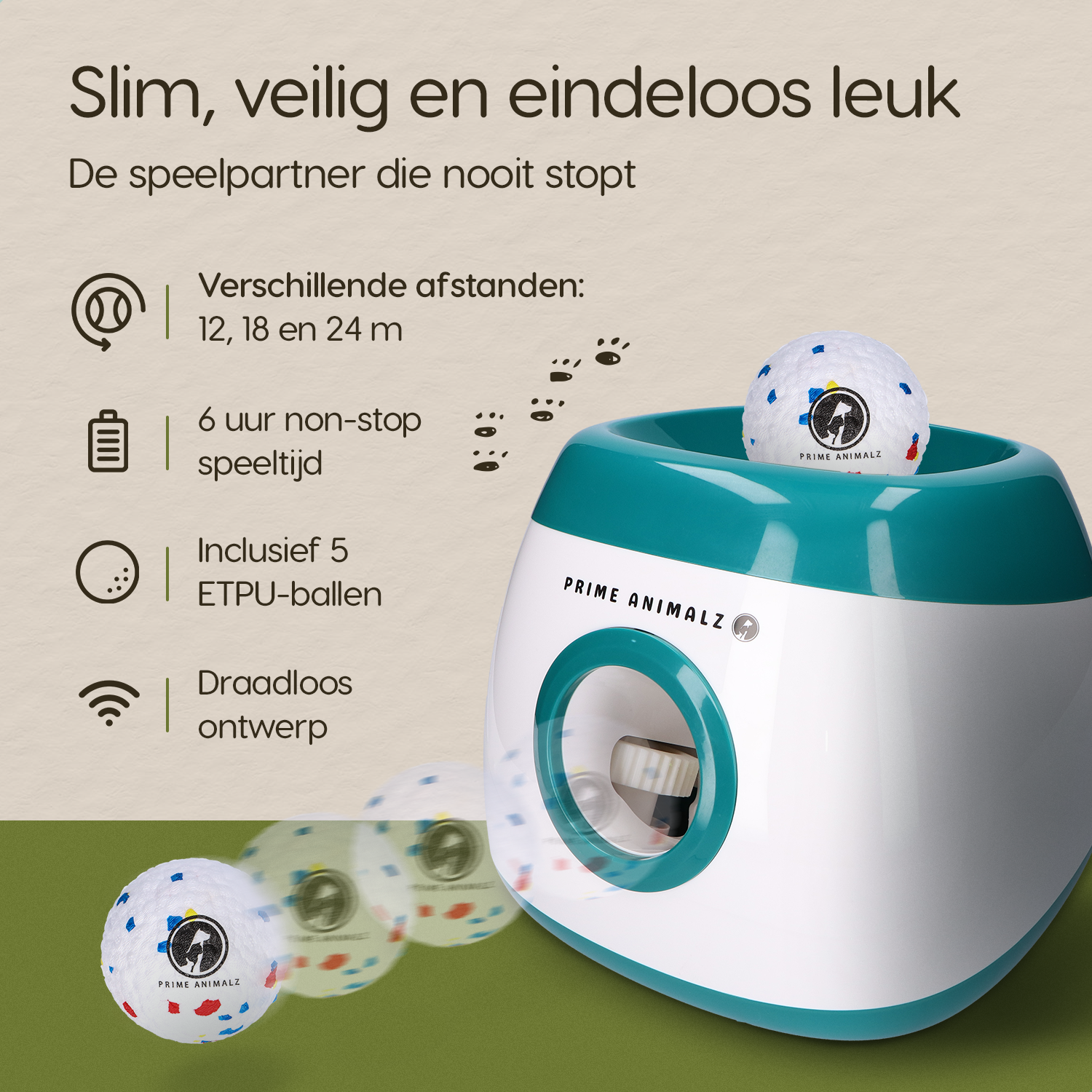 Belangrijkste functies van de Prime AnimalZ automatische ballenwerper L10MAX groen