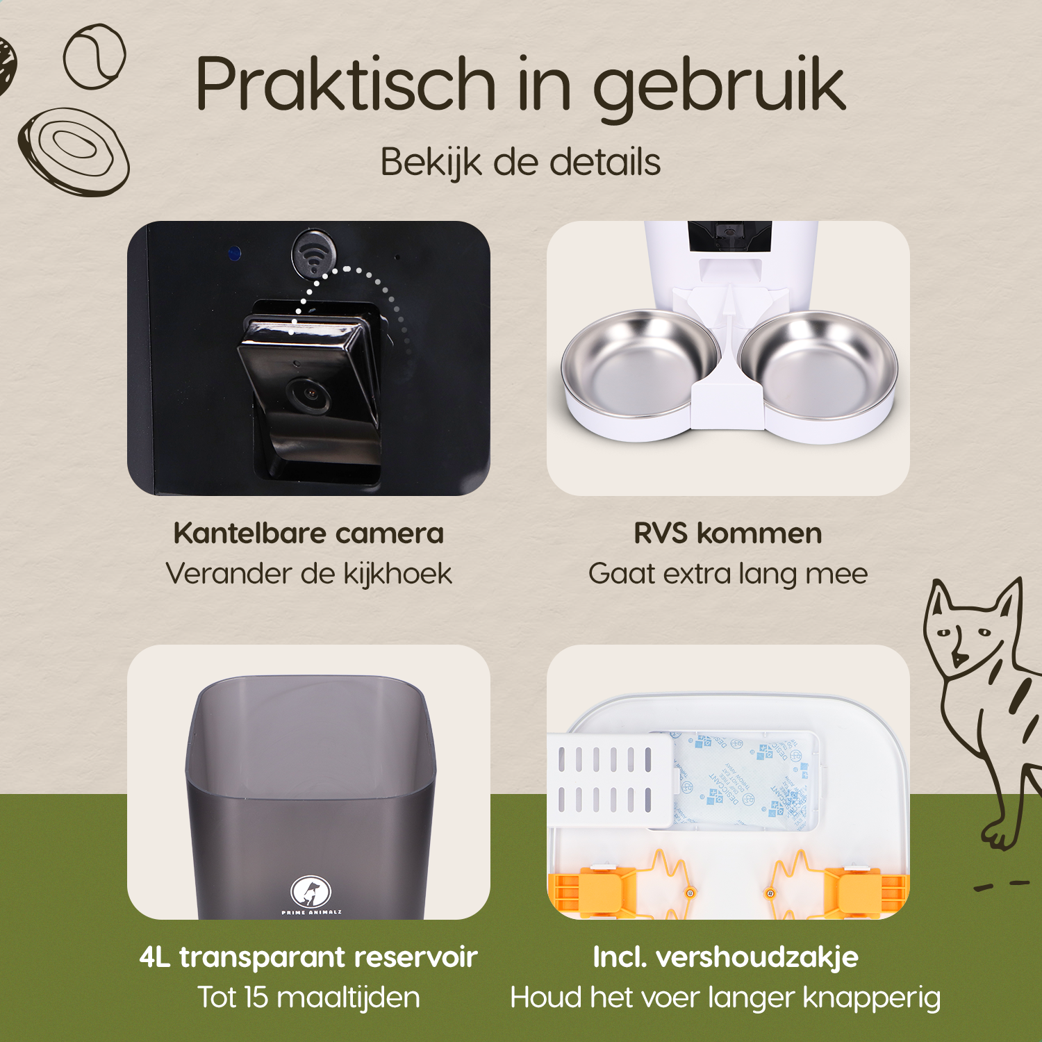 Prime AnimalZ automatische voerbak 4 liter dubbel F400DCA wit met overzicht van onderdelen en functies
