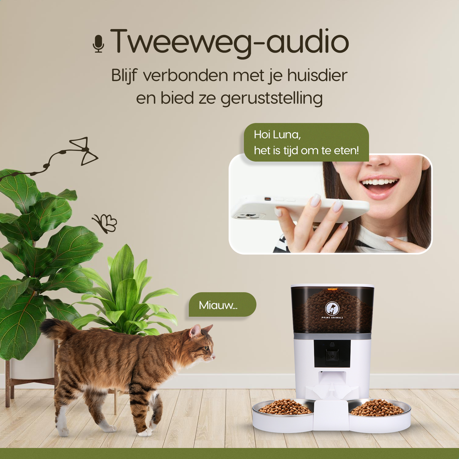 Prime AnimalZ automatische voerbak 4 liter dubbel F400DCA wit met tweeweg audio communicatie