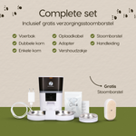 Inhoud van de verpakking van de Prime AnimalZ automatische voerbak 4 liter dubbel F400DCA wit inclusief stoomborstel