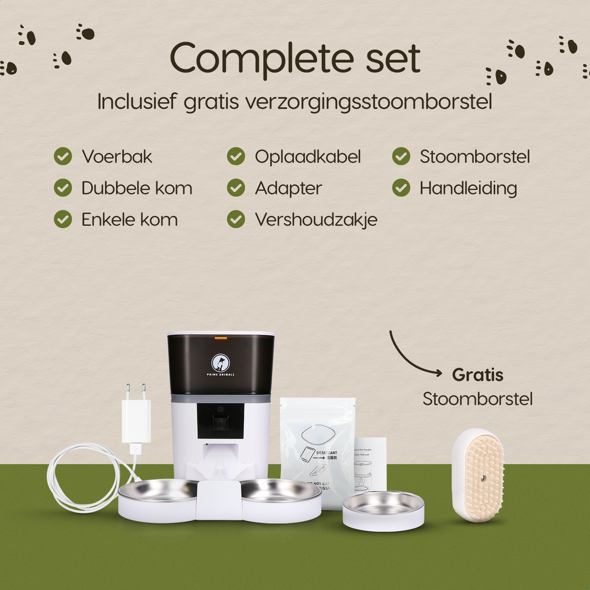 Inhoud van de verpakking van de Prime AnimalZ automatische voerbak 4 liter dubbel F400DCA wit inclusief stoomborstel