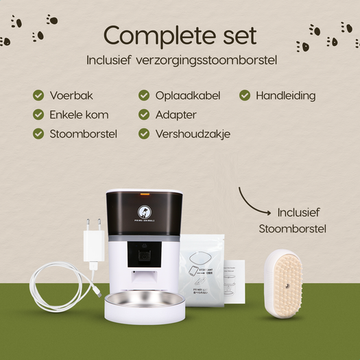 Inhoud van de verpakking van de Prime AnimalZ automatische voerbak 4 liter enkel F400ECA wit inclusief stoomborstel