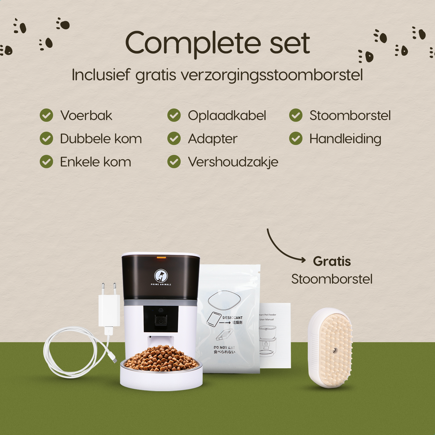 Verpakkingsinhoud van de Prime AnimalZ automatische voerbak 4 liter enkel F400ECA wit