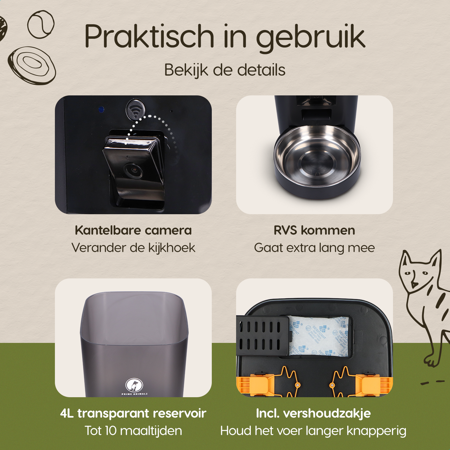 Prime AnimalZ automatische voerbak 4 liter enkel F400ECA zwart met overzicht van onderdelen en functies