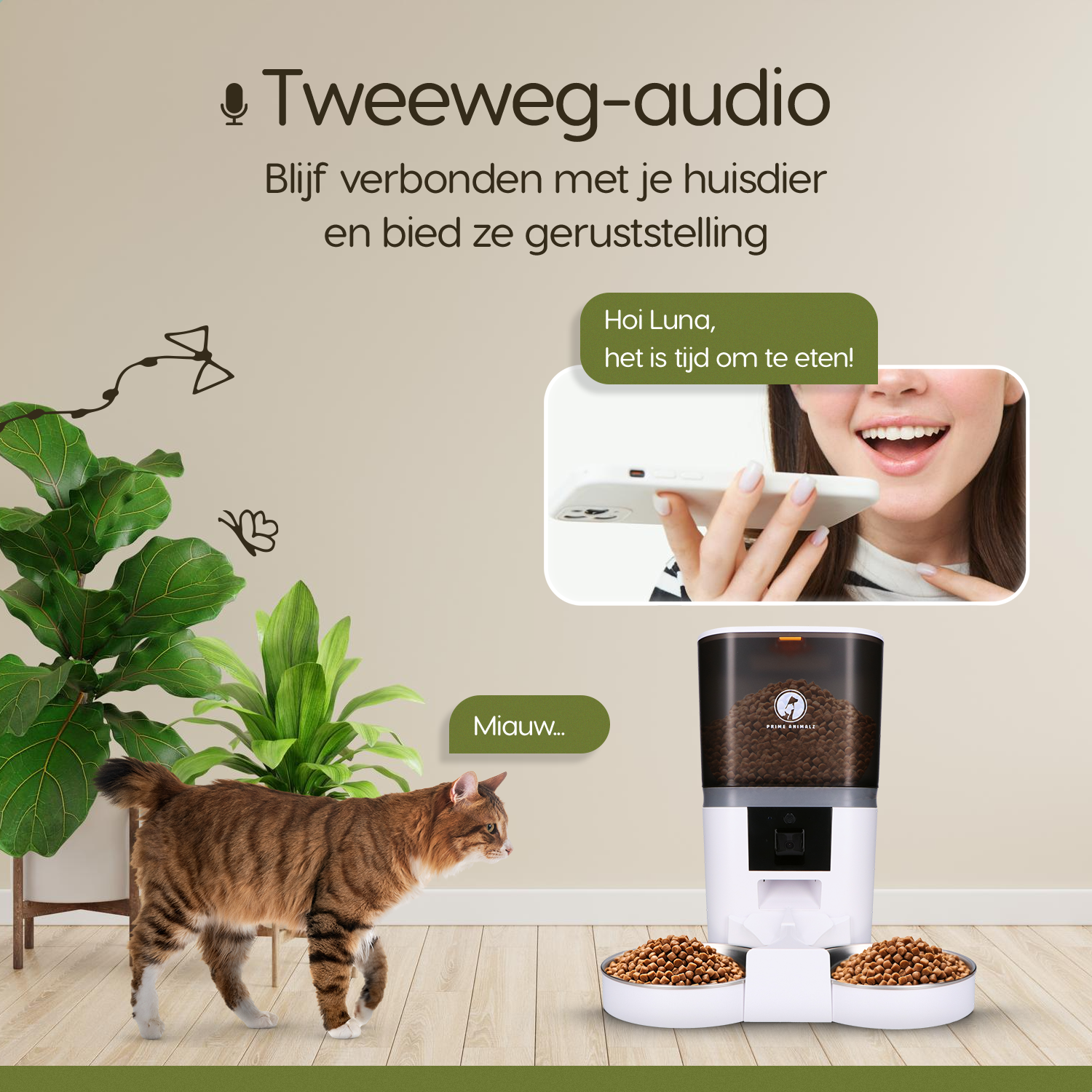 Prime AnimalZ automatische voerbak 6 liter enkel F600ECA wit met tweeweg audio communicatie via de app