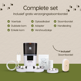 Inhoud van de verpakking van de Prime AnimalZ automatische voerbak 6 liter enkel F600ECA wit inclusief stoomborstel