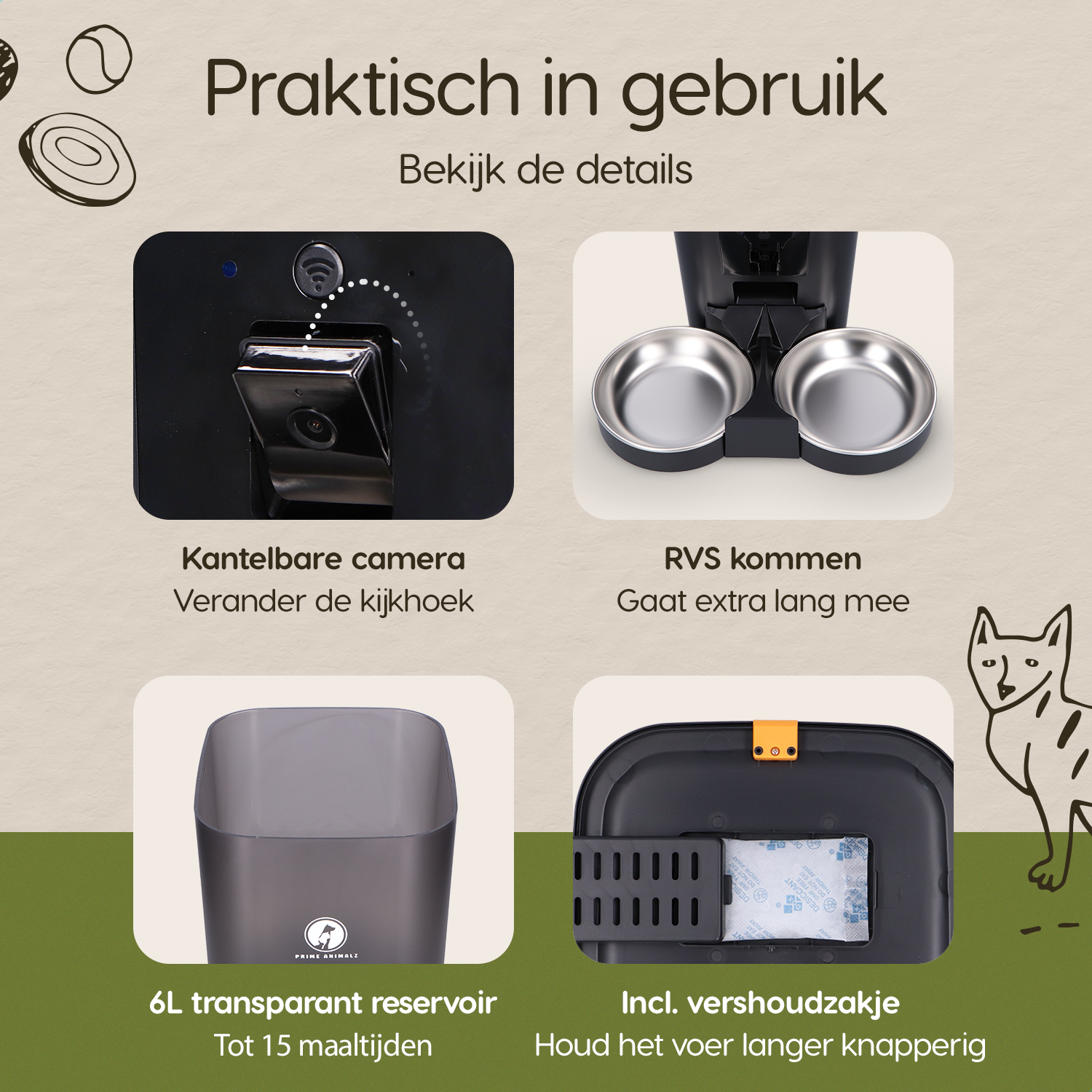 Onderdelen en functies van de Prime AnimalZ automatische voerbak 6 liter enkel F600ECA zwart
