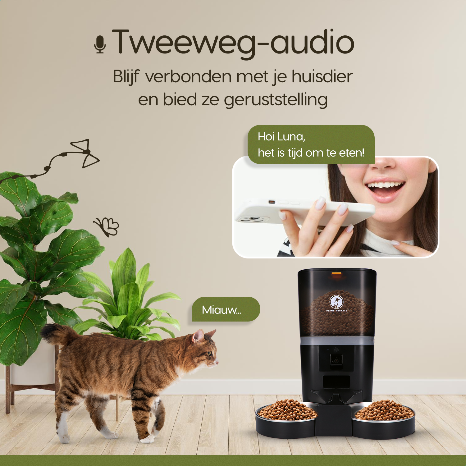 Prime AnimalZ automatische voerbak 6 liter enkel F600ECA zwart met tweeweg audio communicatie via de app