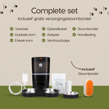 Inhoud van de verpakking van de Prime AnimalZ automatische voerbak 6 liter enkel F600ECA zwart inclusief stoomborstel