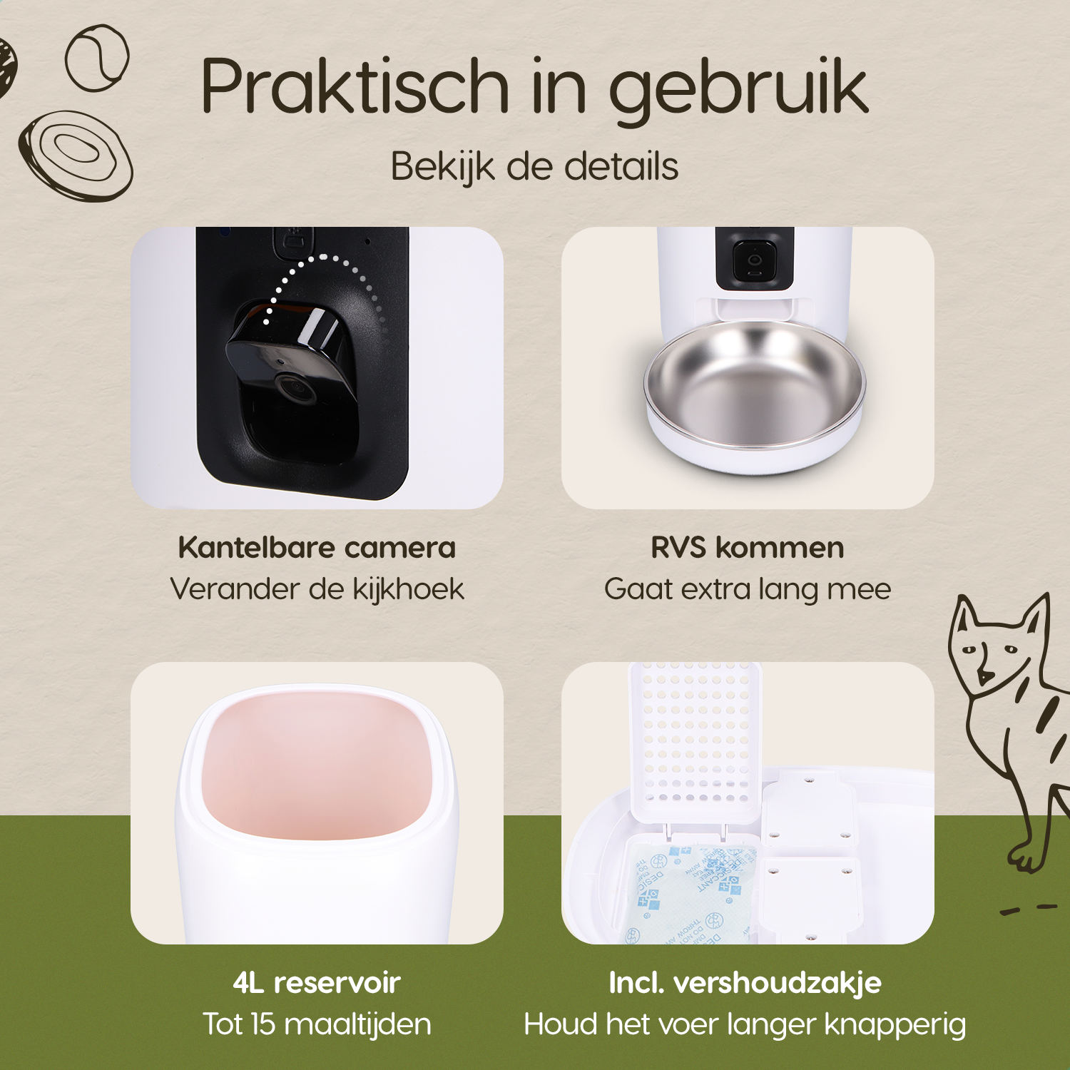 Onderdelen en functies van de Prime AnimalZ automatische voerbak compact F400ECB wit