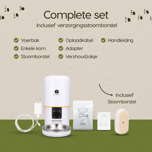 Inhoud van de verpakking van de Prime AnimalZ automatische voerbak compact F400ECB wit inclusief stoomborstel