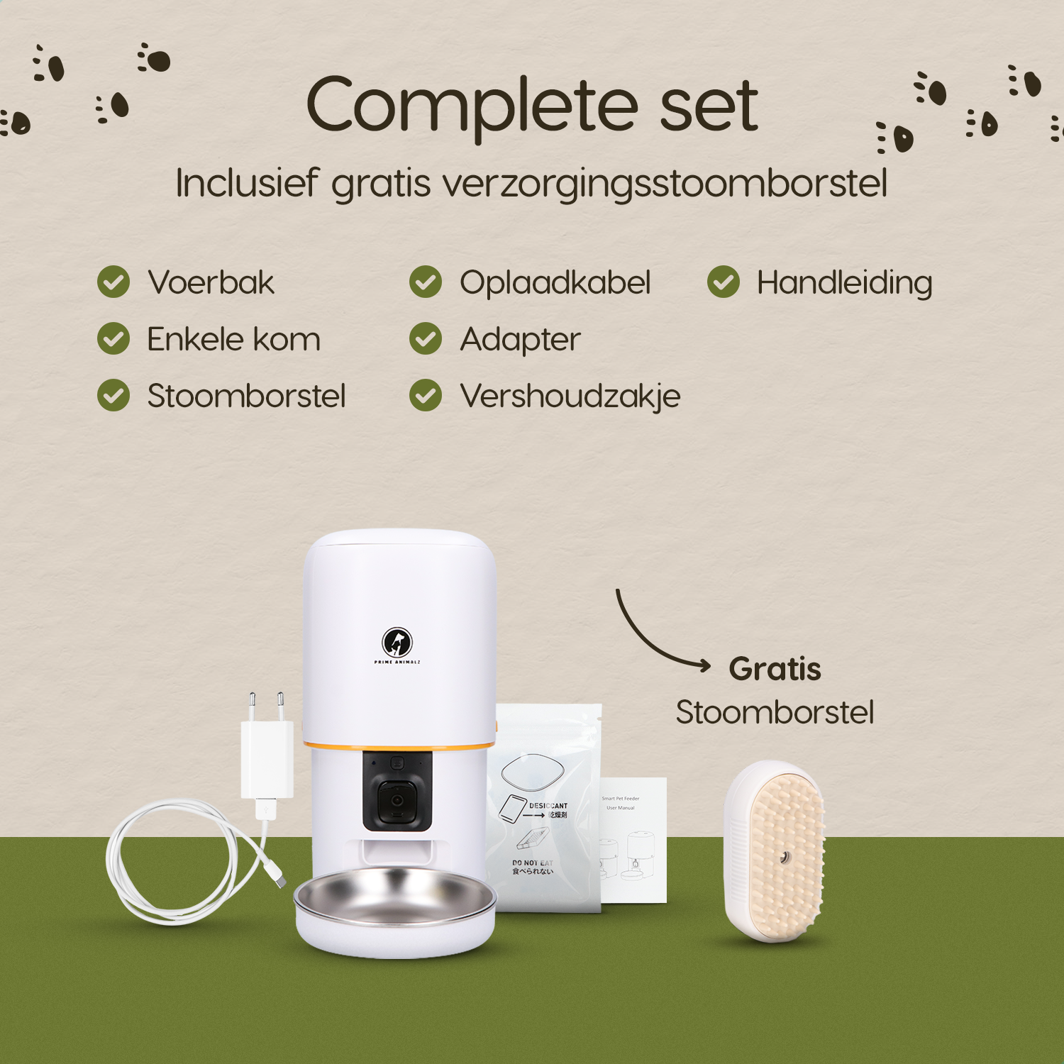 Verpakkingsinhoud van de Prime AnimalZ automatische voerbak compact F400ECB wit