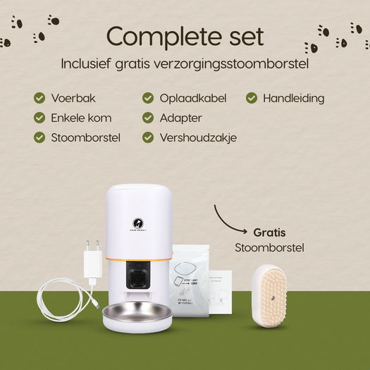 Verpakkingsinhoud van de Prime AnimalZ automatische voerbak compact F400ECB wit