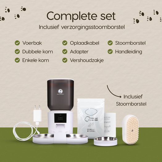 Inhoud van de verpakking van de Prime AnimalZ automatische voerbak F700ECA wit inclusief stoomborstel
