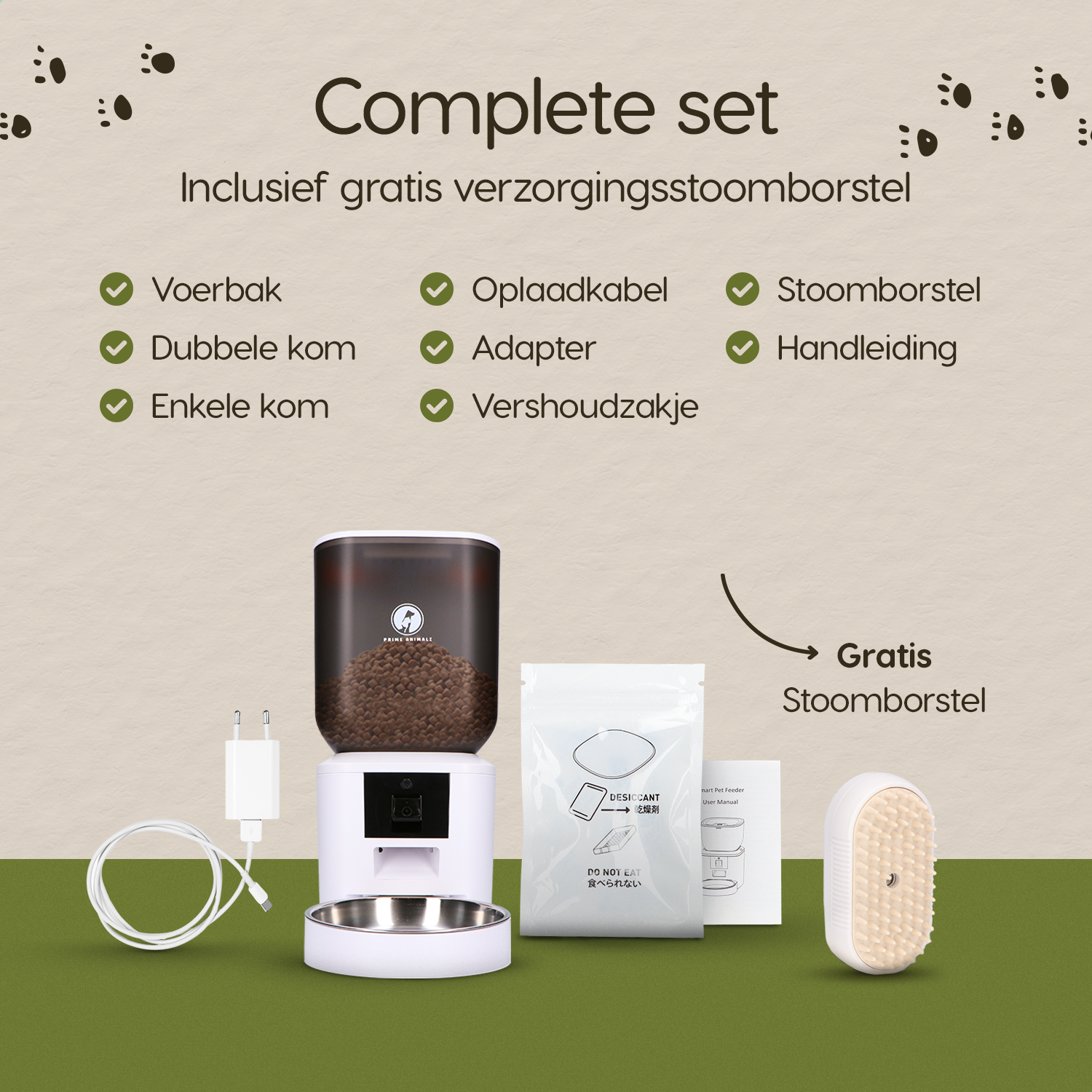 Verpakkingsinhoud van de Prime AnimalZ automatische voerbak F700ECA wit