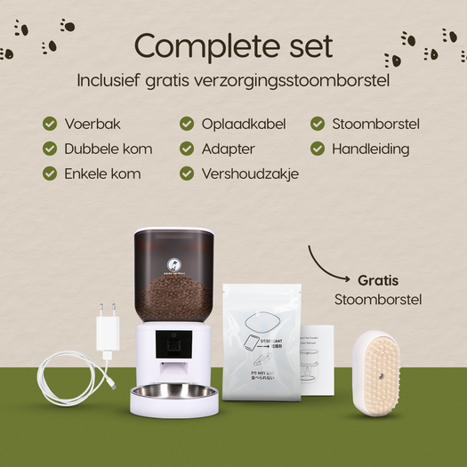 Verpakkingsinhoud van de Prime AnimalZ automatische voerbak F700ECA wit