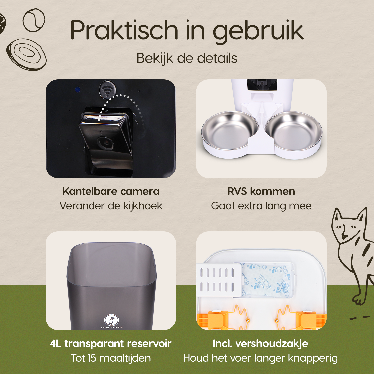 Prime AnimalZ automatische voerbak premium 4 liter dubbel F400DCC wit met overzicht van onderdelen en functies