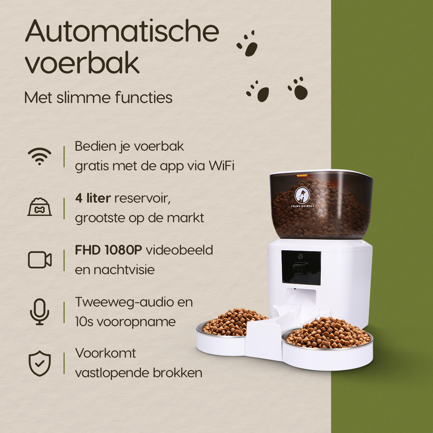 Prime AnimalZ automatische voerbak premium 4 liter dubbel F400DCC wit met overzicht van slimme functies