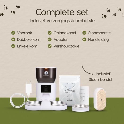 Inhoud van de verpakking van de Prime AnimalZ automatische voerbak premium 4 liter dubbel F400DCC wit inclusief stoomborstel