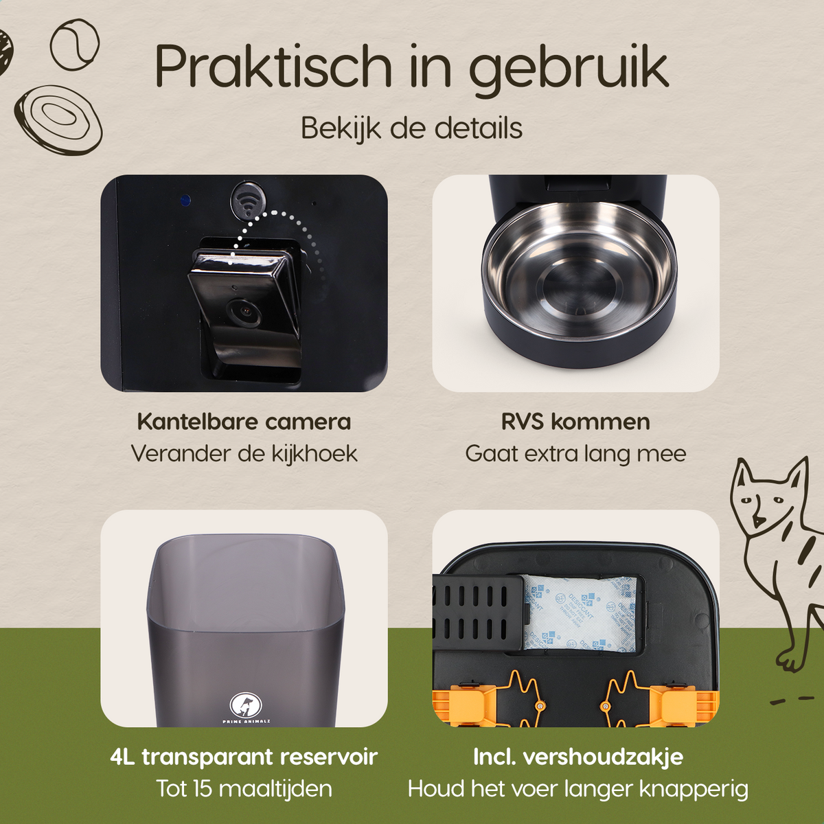Prime AnimalZ automatische voerbak premium 4 liter dubbel F400DCC zwart met overzicht van onderdelen en functies
