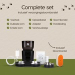 Inhoud van de verpakking van de Prime AnimalZ automatische voerbak premium 4 liter dubbel F400DCC zwart inclusief stoomborstel