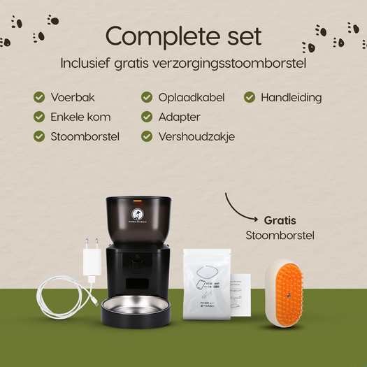 Verpakkingsinhoud van de Prime AnimalZ automatische voerbak premium 4 liter dubbel F400DCC zwart