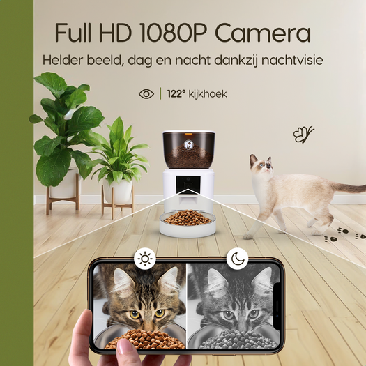 Prime AnimalZ automatische voerbak premium 4 liter enkel F400ECC wit met ingebouwde camera en zicht op afstand