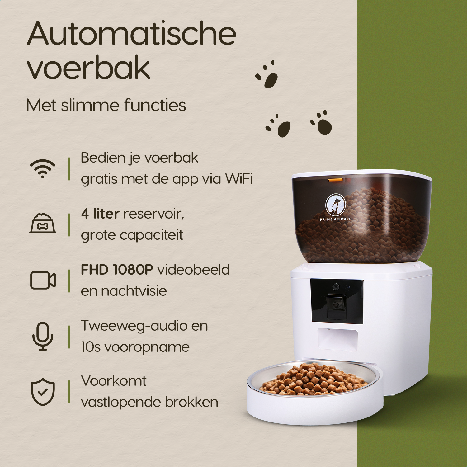 Overzicht van de functies van de Prime AnimalZ automatische voerbak premium 4 liter enkel F400ECC wit