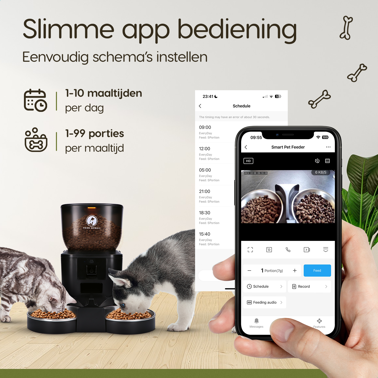 Prime AnimalZ automatische voerbak premium 4 liter F400DCC zwart te bedienen via de app voor geplande voedingen