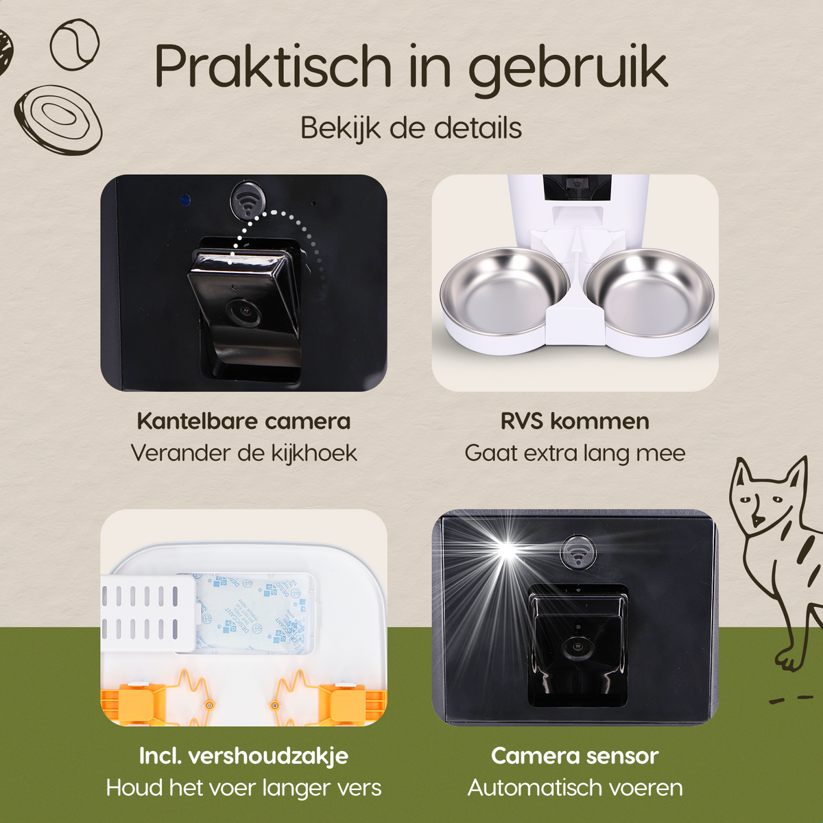 Onderdelen en functies van de Prime AnimalZ automatische voerbak premium 7 liter dubbel F700ECA wit