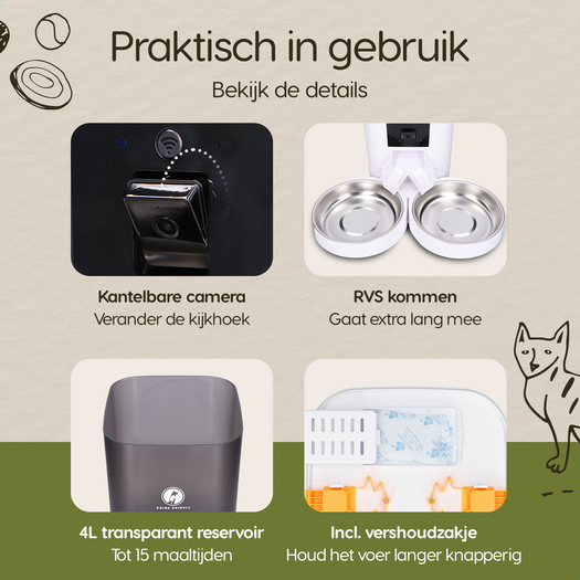 Onderdelen en functies van de Prime AnimalZ automatische voerbak premium upgraded 4 liter model ECC wit overzichtelijk uitgelegd