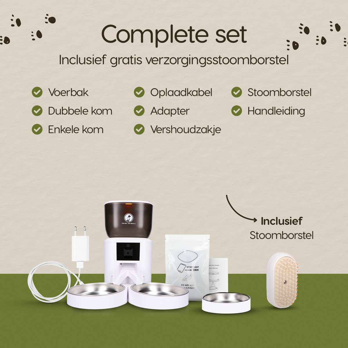Verpakkingsinhoud van de Prime AnimalZ automatische voerbak premium upgraded 4 liter model ECC wit