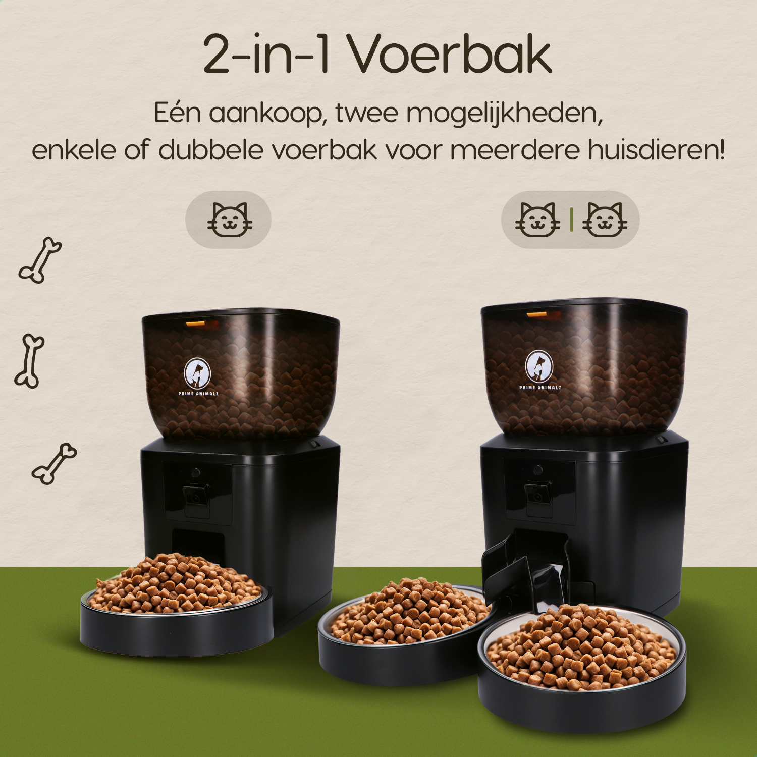Prime AnimalZ automatische voerbak premium upgraded 4 liter model ECC zwart met keuze voor enkele of dubbele voerbak