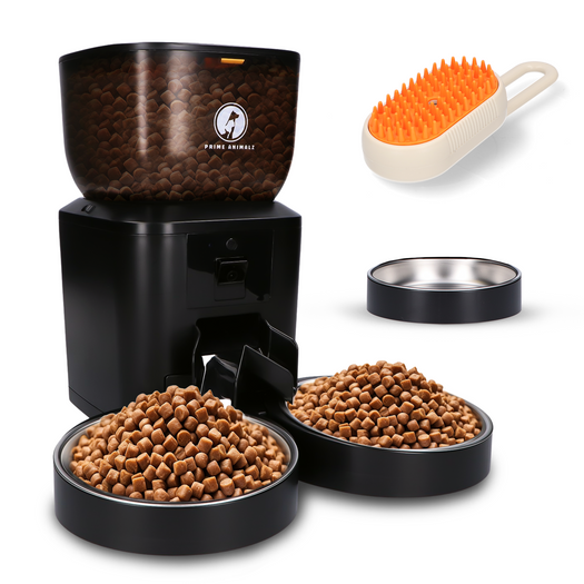 Prime AnimalZ automatische voerbak premium upgraded 4 liter model ECC zwart als vrijstaande productfoto op witte achtergrond